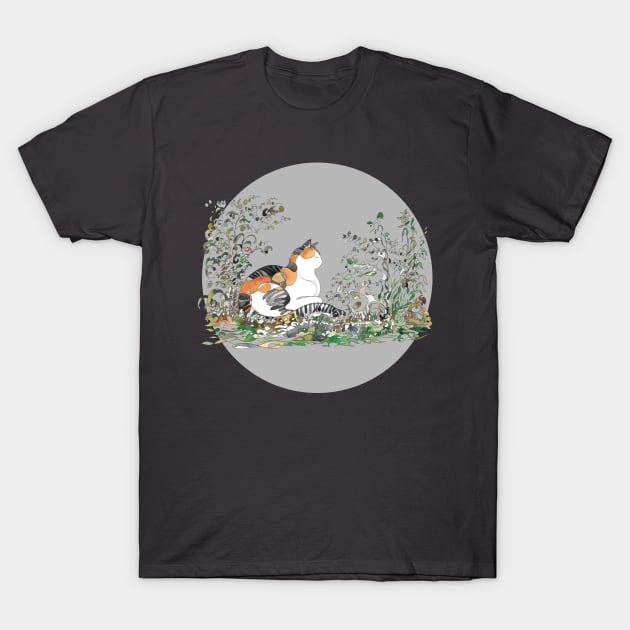 Calico Cat In The Garden T-Shirt by merahituhijau